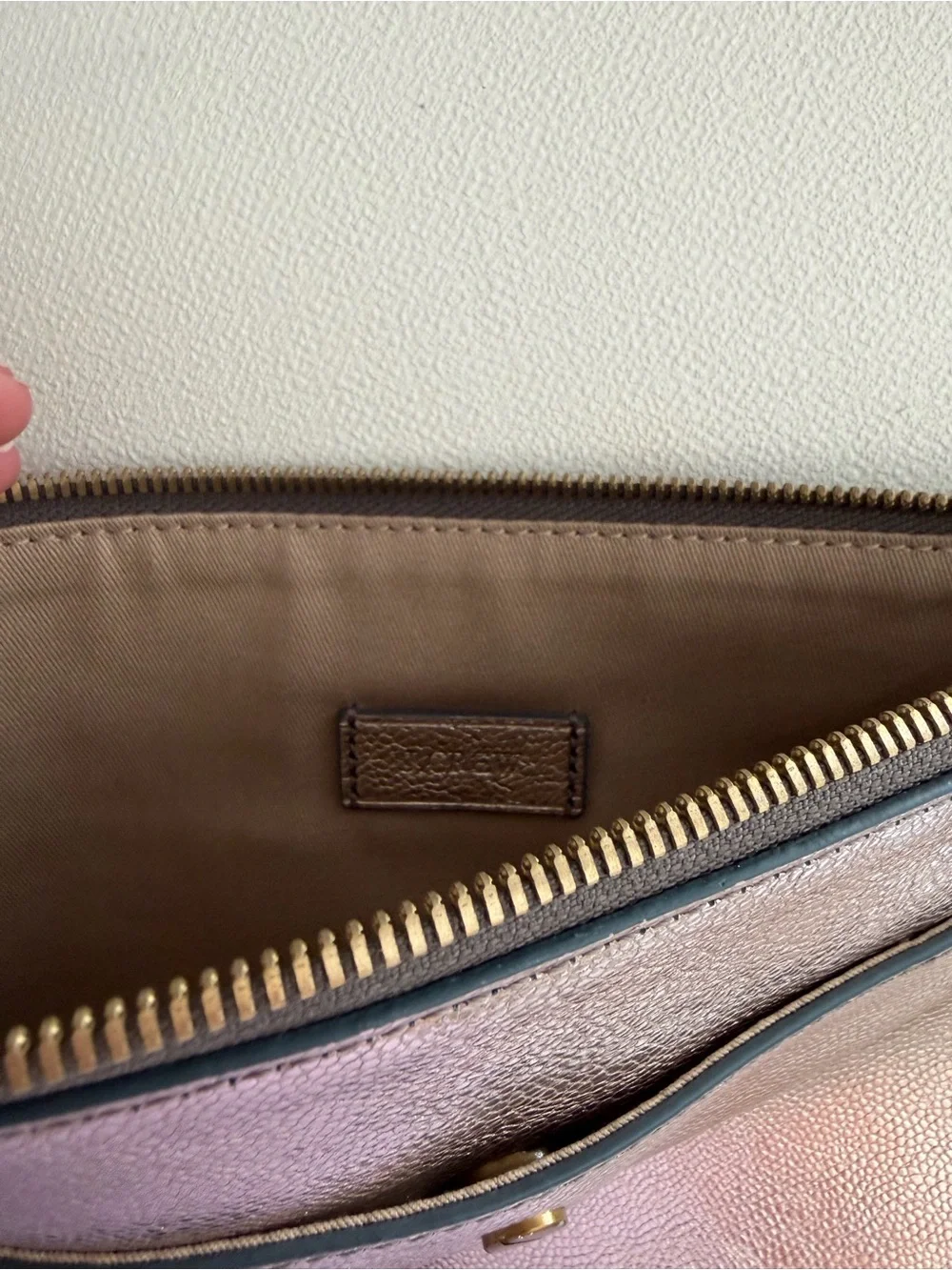 Metallic Rose Gold Envelope Clutch with Teal Tassel
